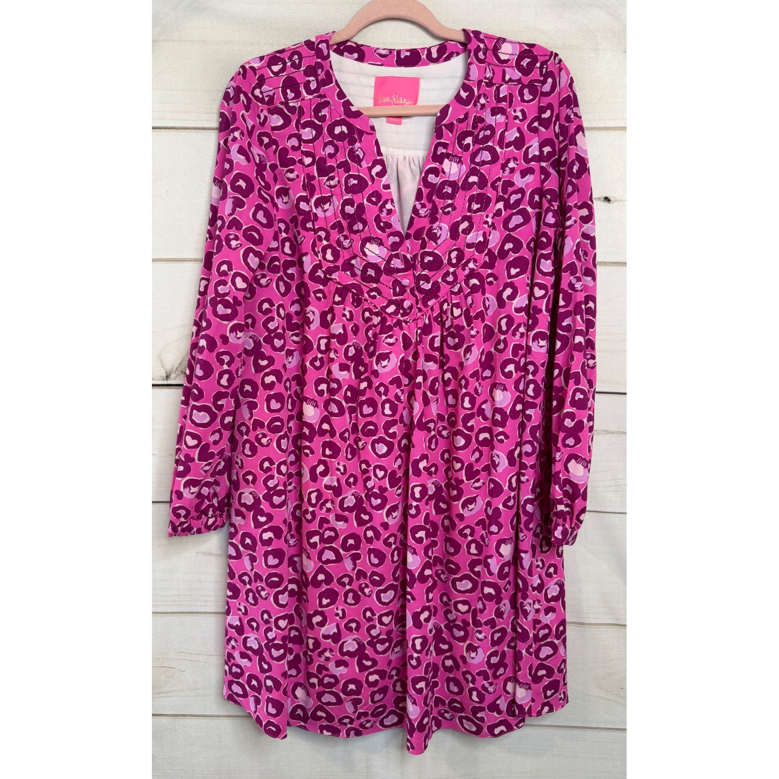 Lilly Pulitzer Pink Purple Leopard Heart Print Shift Dress Long Sleeve Size 4